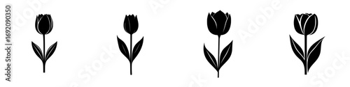 Black-and-white vector illustration of minimalist tulip flowers in various stages of bloom against a simple backdrop
