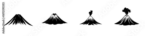 Minimalist black-and-white vector illustration of volcano silhouettes depicting different volcanic states and activities in a simple design