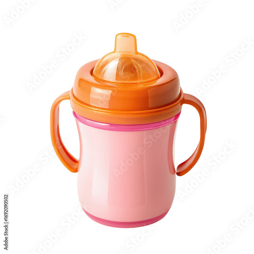 A pink and orange sippy cup with handles isolated on transparent background