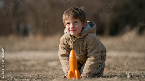 Child in Jacket with Plastic Rocket on Ground in Autumn Park