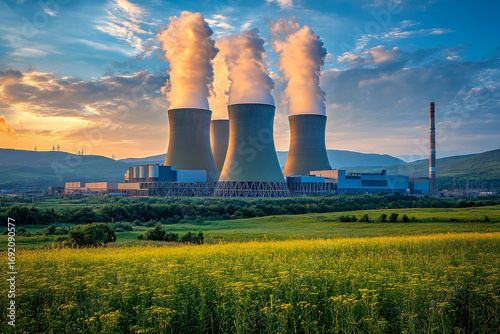 Large nuclear power station with multiple cooling towers releasing vapor. Sunset sky illuminates green countryside and distant hills. Industrial energy facility.