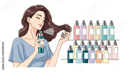Young woman with long brown hair spraying perfume on her neck while standing next to a shelf filled with colorful cosmetic bottles