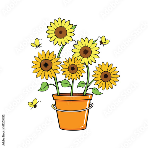 Vibrant sunflower in a rustic bucket with energetic leaps against a clean white background