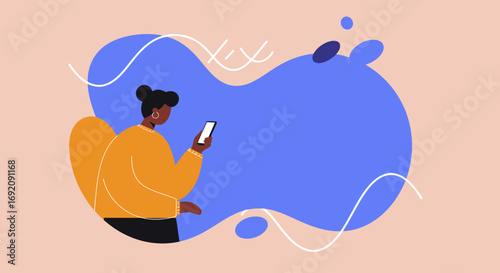 Woman engaging with a smartphone in a modern, abstract digital environment, symbolizing online communication, social networking, and connectivity in daily life.