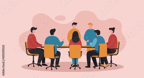 Diverse business team collaborating in a professional meeting, discussing strategies and ideas. Perfect for themes of teamwork, communication, and corporate life.