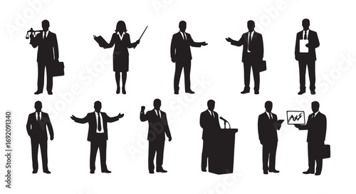 Silhouettes of business professionals depicted in different poses. Flat vector illustrations. A collection of business individuals including a lawyer, teacher, sales manager, boss and politician.