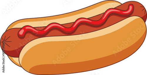 Delicious hot dog with ketchup in a soft bun, ready to enjoy