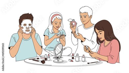 Diverse group of young women enjoying a fun and relaxing beauty spa day at home with facial masks and skincare products
