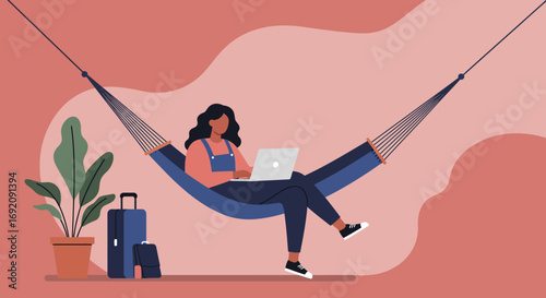 Woman working remotely on a laptop in a comfortable hammock with luggage nearby, symbolizing flexible work-life balance, travel, and digital nomad lifestyle.