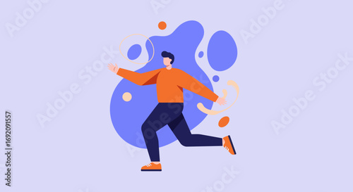 Dynamic illustration of a man running with energy, surrounded by abstract shapes. Represents progress, active lifestyle, or business pursuit.