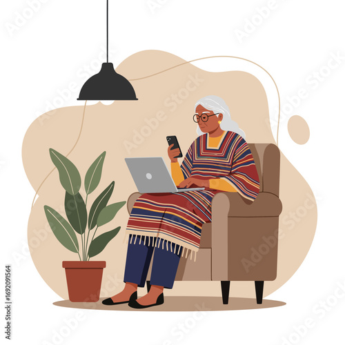 Senior woman multitasking with a laptop and smartphone in a comfortable home setting, embodying active aging and digital literacy. Ideal for technology, lifestyle, or business concepts.