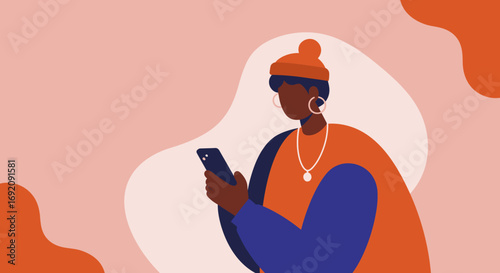 A stylish flat design illustration depicts a modern woman engaging with her smartphone, perfect for contemporary digital marketing and web design concepts.