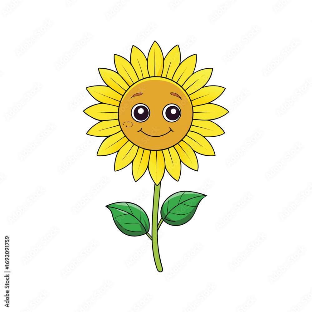 Fototapeta premium A vibrant single sunflower with detailed green leaves and a sturdy stem set against a clean white background