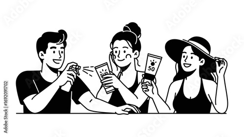 Three young adults enjoying a fun game of cards together outdoors on a sunny day smiling and holding their playing cards