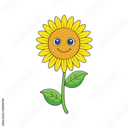 A vibrant single sunflower with detailed green leaves and a sturdy stem set against a clean white background
