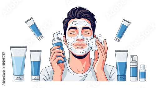 Young man with eyes closed applying facial cleanser foam to his face surrounded by various skincare products and tubes on a white background