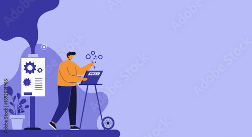 Man managing data and optimizing processes on a laptop, symbolizing digital innovation, analysis, and technological development. Ideal for business and tech.