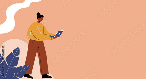 Modern illustration of a woman actively using a laptop, representing remote work, digital communication, and online productivity in a contemporary setting.