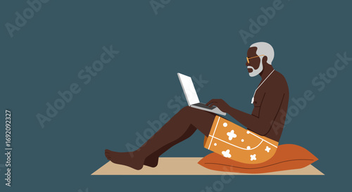 Senior man working remotely on a laptop in swim shorts, enjoying a flexible lifestyle. Concept of digital nomad, vacation, or modern retirement.