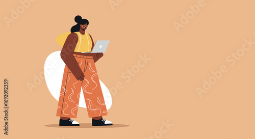 Stylish woman using a laptop for work or study, embodying remote work, digital lifestyle, and connectivity. Perfect for business, education, and technology concepts.