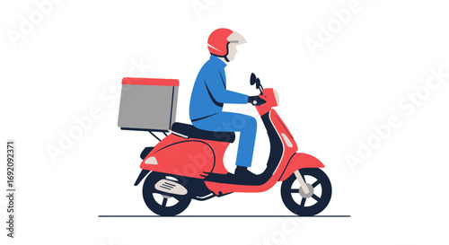 Delivery Scooter with Rider in Red and Blue Vector Illustration.