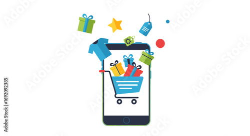 Mobile Shopping App with Cart and Gifts Illustration.