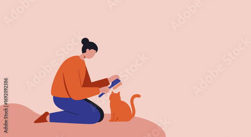 Woman kneeling and gently brushing her ginger cat, illustrating pet care, companionship, and daily domestic life. Ideal for animal care products or lifestyle content.