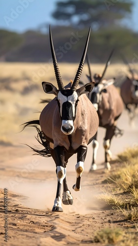 Running Oryxes in Savanna
