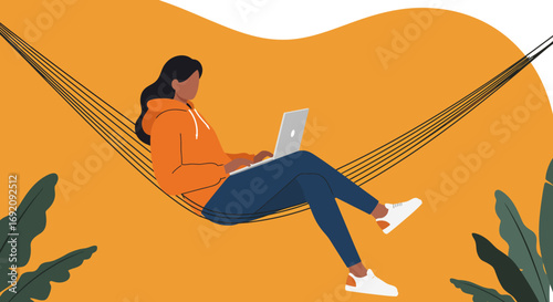 Woman working remotely on a laptop while relaxing in a hammock, illustrating flexible work, digital nomad lifestyle, and productivity.
