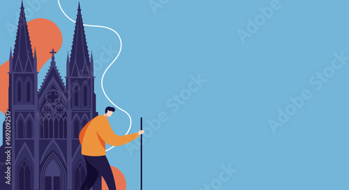 Traveler walking past a grand Gothic cathedral, representing exploration, pilgrimage, and cultural journeys. Ideal for travel, history, and lifestyle content.