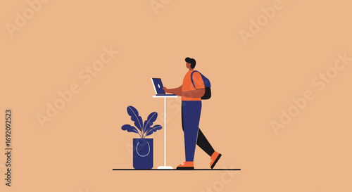 Person standing, working on a laptop at a modern workstation. Represents remote work, online learning, and flexible digital lifestyle.