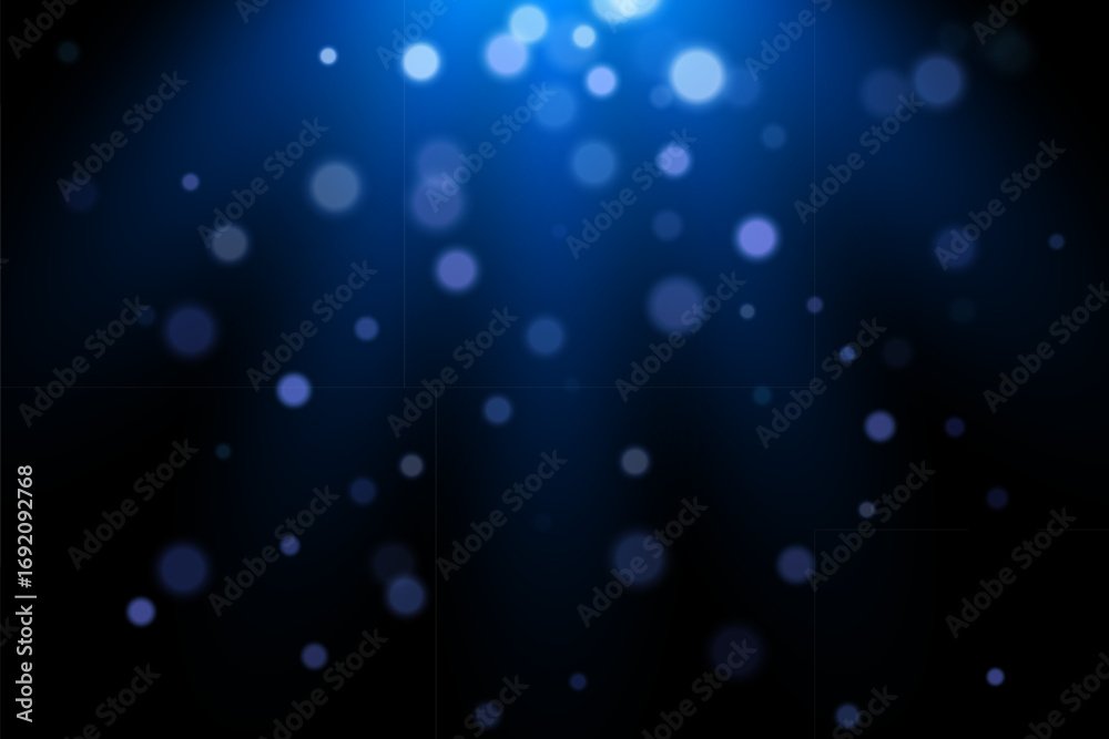 Blue bokeh lights background. Abstract glowing particles with soft blur on deep navy backdrop. Subtle shimmer, underwater ambiance, dreamy depth. Elegant vector illustration.
