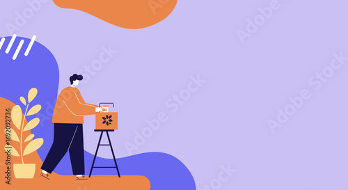 Stylish illustration of a person carefully preparing a decorative package on a stand. Ideal for concepts of small business, e-commerce, handmade products, and careful service.