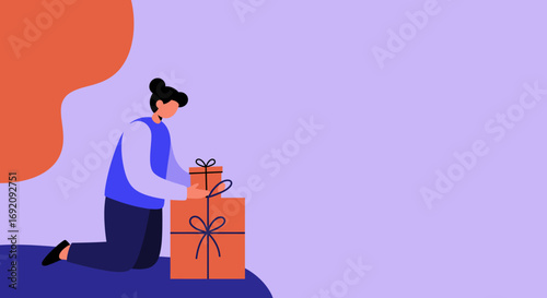 Person carefully arranges beautifully wrapped gift boxes, symbolizing thoughtful preparation for holidays, birthdays, or special occasions. Ideal for retail, celebration, or generosity concepts.
