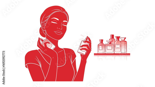 A stylish woman with her hair wrapped in a towel applying facial serum from a small bottle to her clean face with a cotton pad