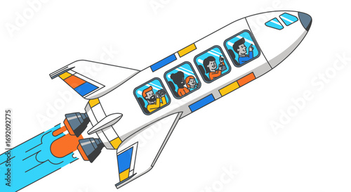 Cartoon Rocket Ship with Passengers Flying Upward with Blue Flame.