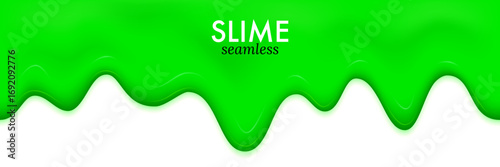 Green slime dripping border. Glossy toxic goo with wavy edges on white background. Seamless horizontal vector design for Halloween, horror or game UI.