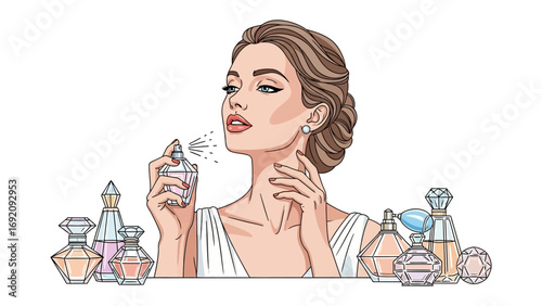 Elegant woman with vintage hairstyle applying perfume from a decorative bottle surrounded by various elegant perfume bottles on a white background