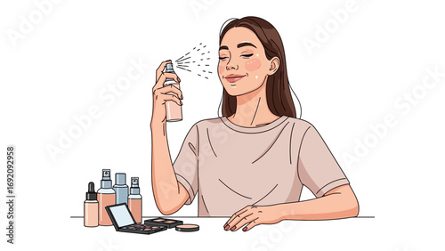 Young woman with closed eyes applying facial mist spray from a pink bottle to refresh her makeup and skin
