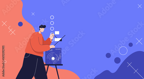 Illustration of a man interacting with an abstract data display, pointing at elements. Concept for business presentation, data analysis, or innovative technology.