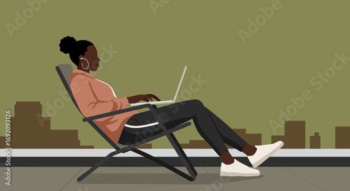 Relaxed Black woman working remotely on her laptop outdoors with a city view. Represents flexible work, urban lifestyle, technology, and independence.