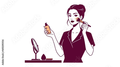 Stylish retro woman applying blush with a makeup brush holding a foundation bottle in front of a vanity mirror with a white background
