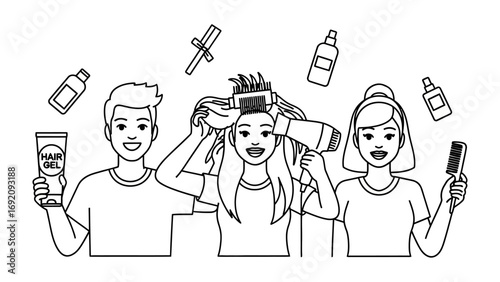 Three diverse friends excitedly holding hair products and styling tools celebrating a fun hair makeover with a playful cartoonish artistic style