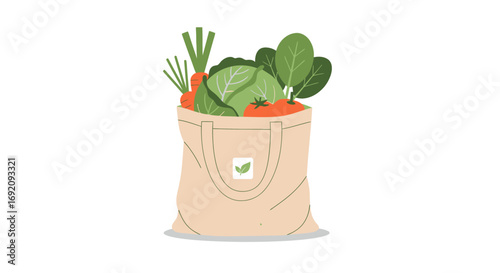 Reusable Beige Tote Bag Filled with Fresh Vegetables and Greens.