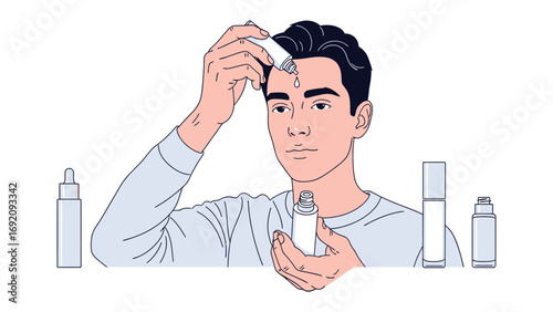 Young man applying facial serum from dropper bottle to forehead with skincare products arranged around him in a clean minimalist illustration style