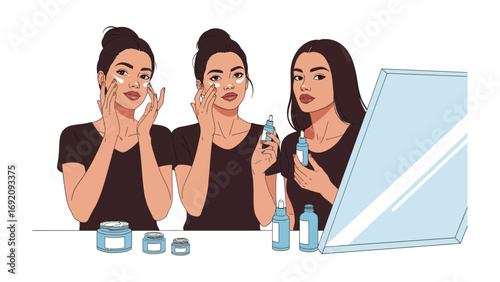 Three diverse young women applying skincare products to their faces in front of a mirror showcasing a beauty routine