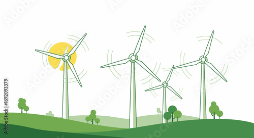 Green Wind Turbines on Rolling Hills with Yellow Sun Graphic