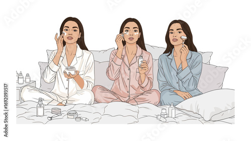 Three young women in pajamas applying skincare products while sitting on a bed with pillows and beauty products scattered around them