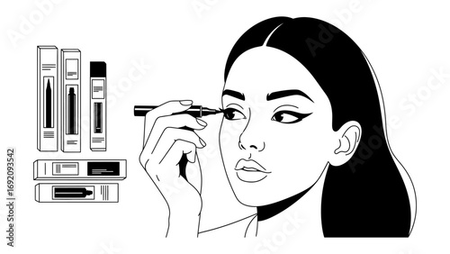 Close up black and white sketch of a woman applying eyeliner to her eye with a makeup brush surrounded by cosmetic products