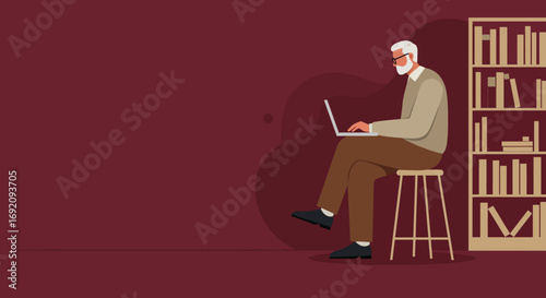 Senior man in glasses using a laptop beside a bookshelf. Represents learning, online education, or remote work for older adults. Perfect for lifestyle and business concepts.